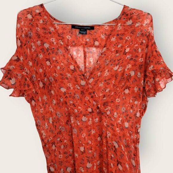 French Connection Midi‎ Sz 12 Sheer Chiffon Tea Flutter Sleeve Dress Pumpkin - Picture 6 of 12